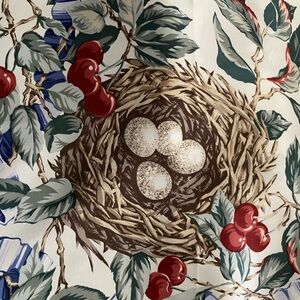 Medallion Silk Designer Scarf with Botanical Motifs Cherry Bird Nest Vintage
